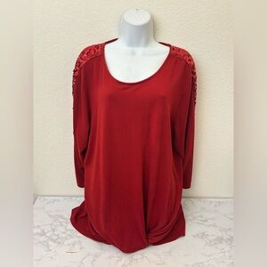 Como Blu Long Sleeve Pullover Top Women’s Plus Sz 2X Red Sequin Ruched Waist​